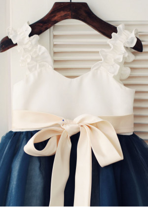 Ivory Satin Navy Blue Tulle Ruffle Straps Flower Girl Dress